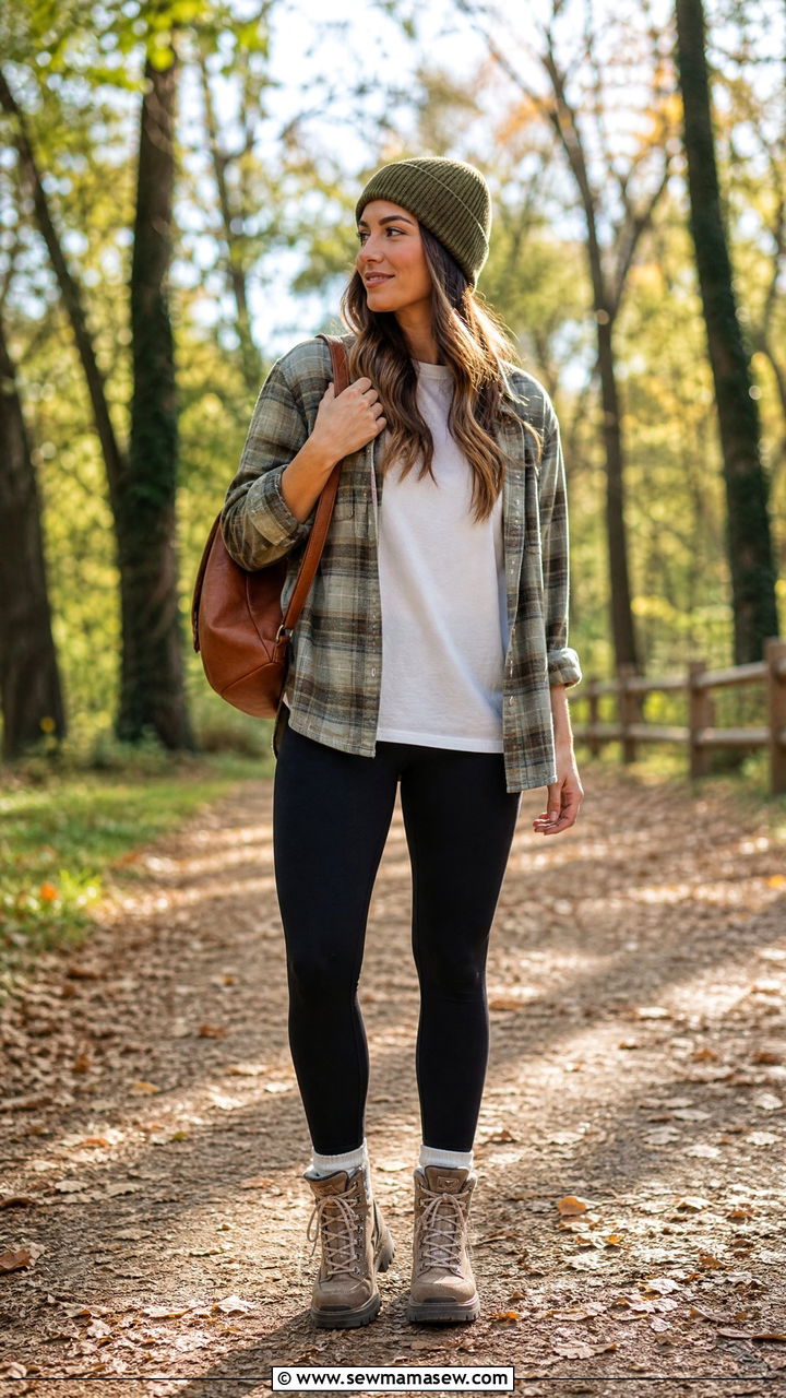 Flannel shirt layered over tee with leggings outfit - 30 Cozy spring outfit ideas 2026