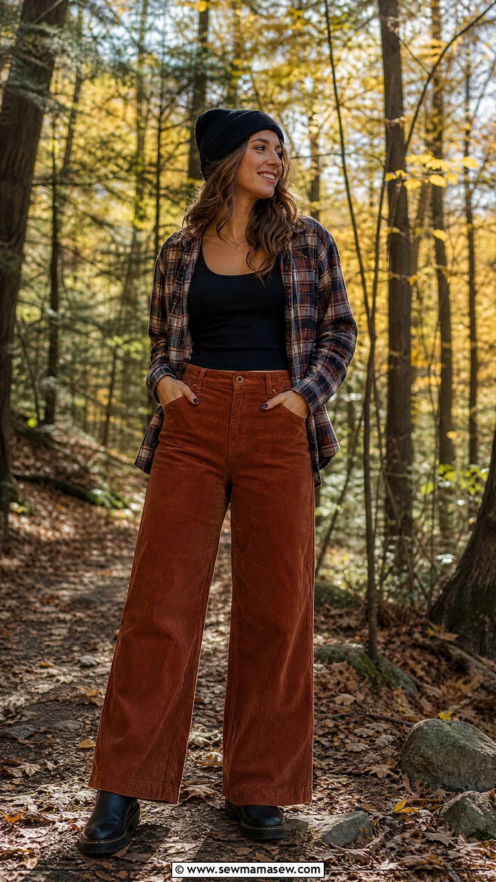 Flannel shirt over tank top and corduroy pants - 30 summer to fall outfits for women