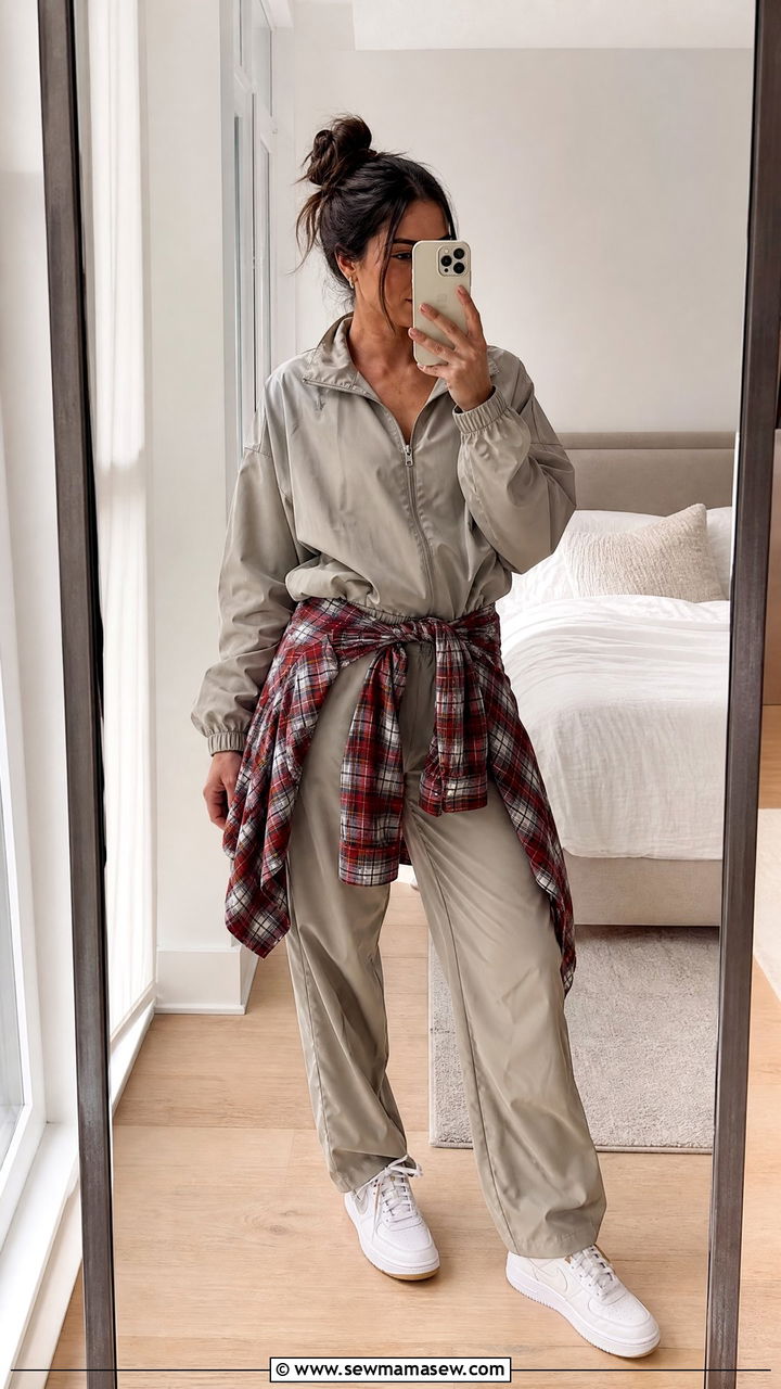 Flannel shirt tied around the waist with a neutral set - 35 How to style a flannel shirt