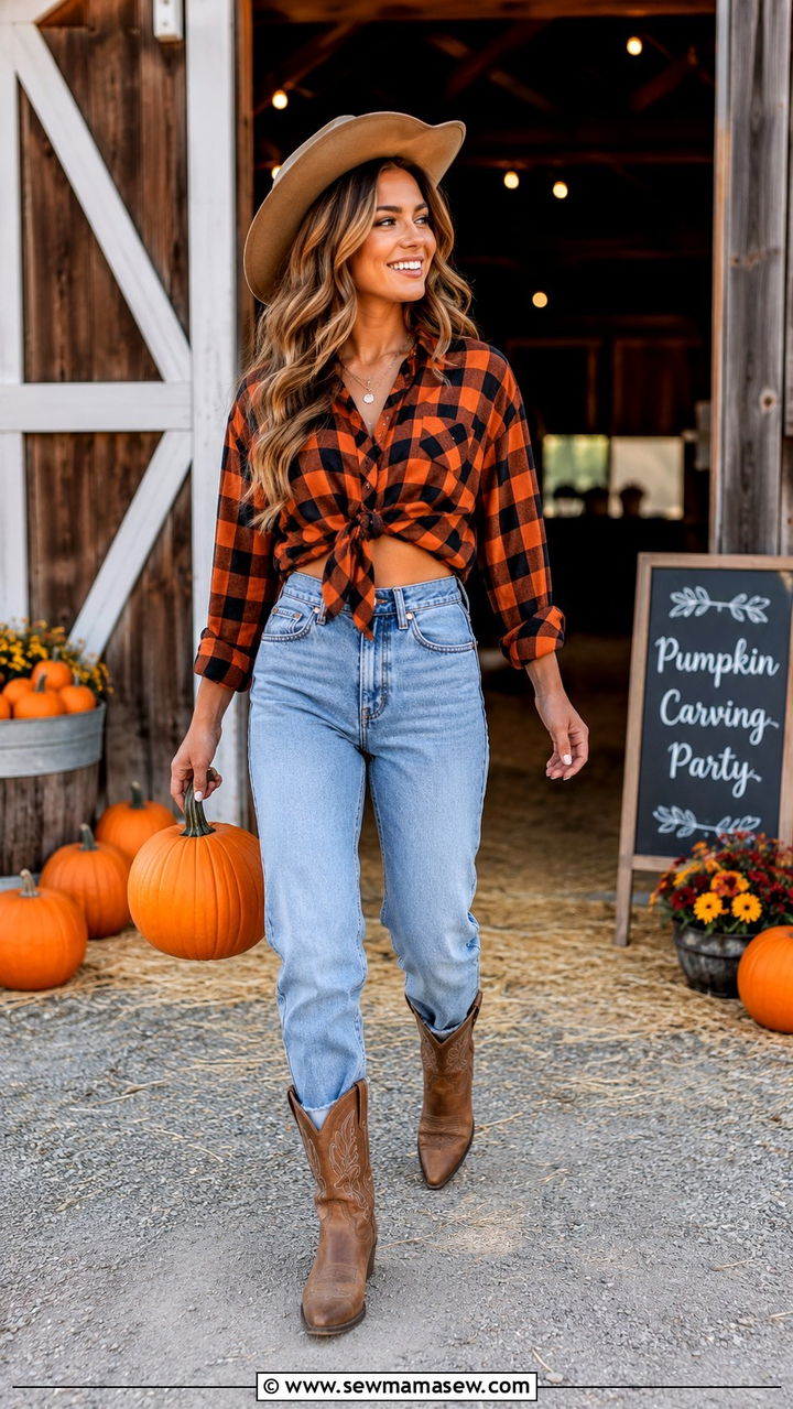 Flannel shirt tied at the waist with mom jeans and cowboy boots - 30 Pumpkin carving party outfit ideas