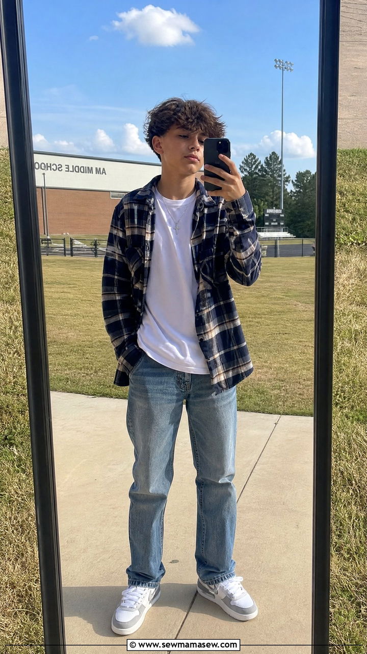 Flannel shirt with a white tee and jeans - 30 Middle school picture day outfit ideas