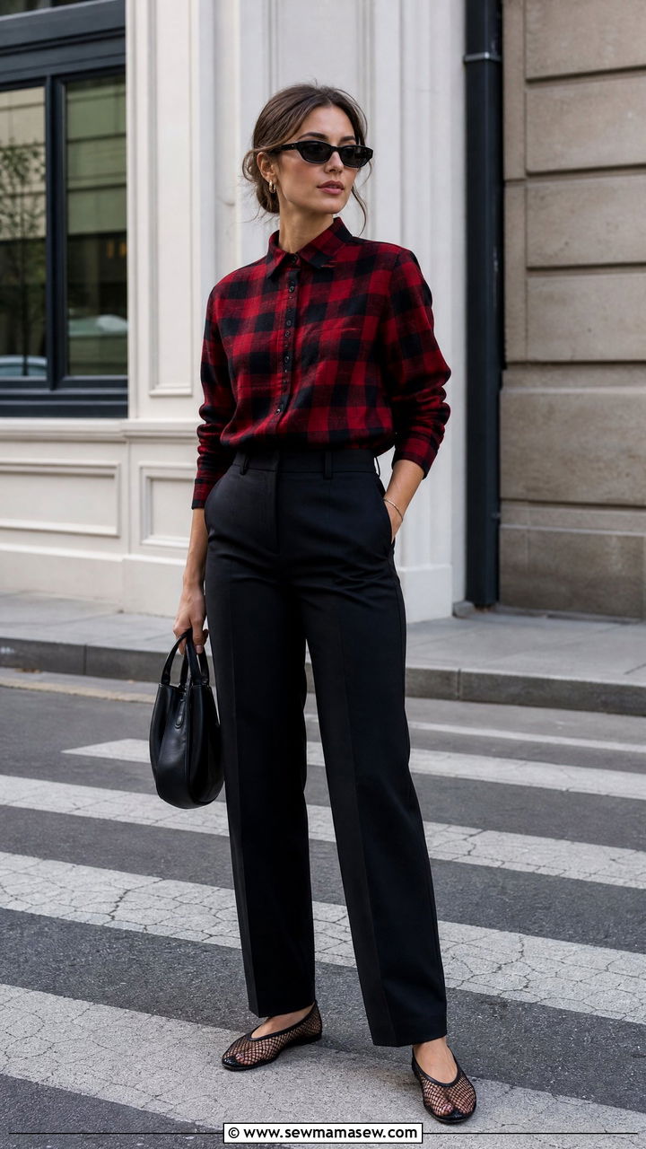 Flannel shirt with black trousers and mesh flats - 35 How to style a flannel shirt