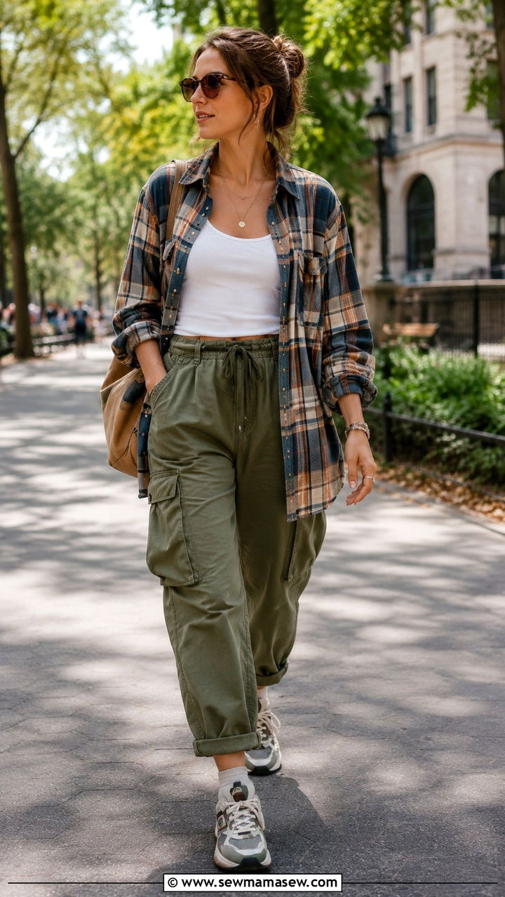 Flannel shirt with cargo pants and dad sneakers - 20 Eclectic grandpa outfit ideas 2026