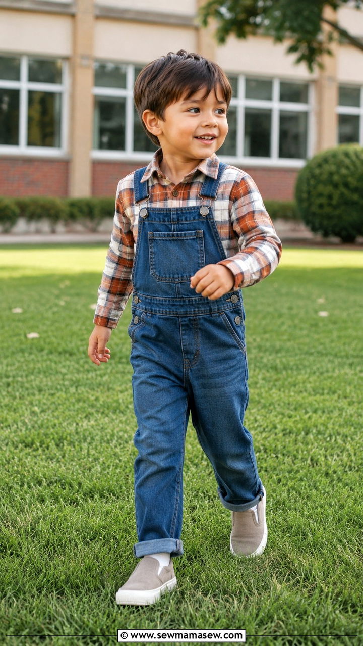 Flannel shirt with denim overalls outfit - 30 Kids back to school outfit ideas