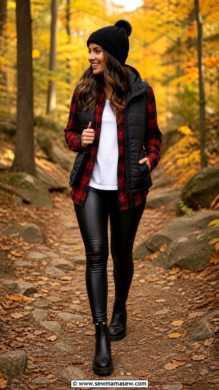 Flannel shirt with faux leather leggings and puffer vest - 40 What to wear in Boston