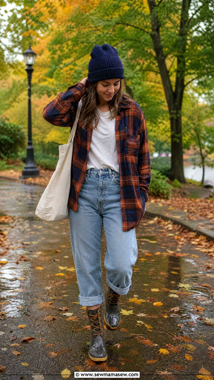 Flannel shirt with jeans and lace up rain boots - 30 Cozy rainy day outfit ideas