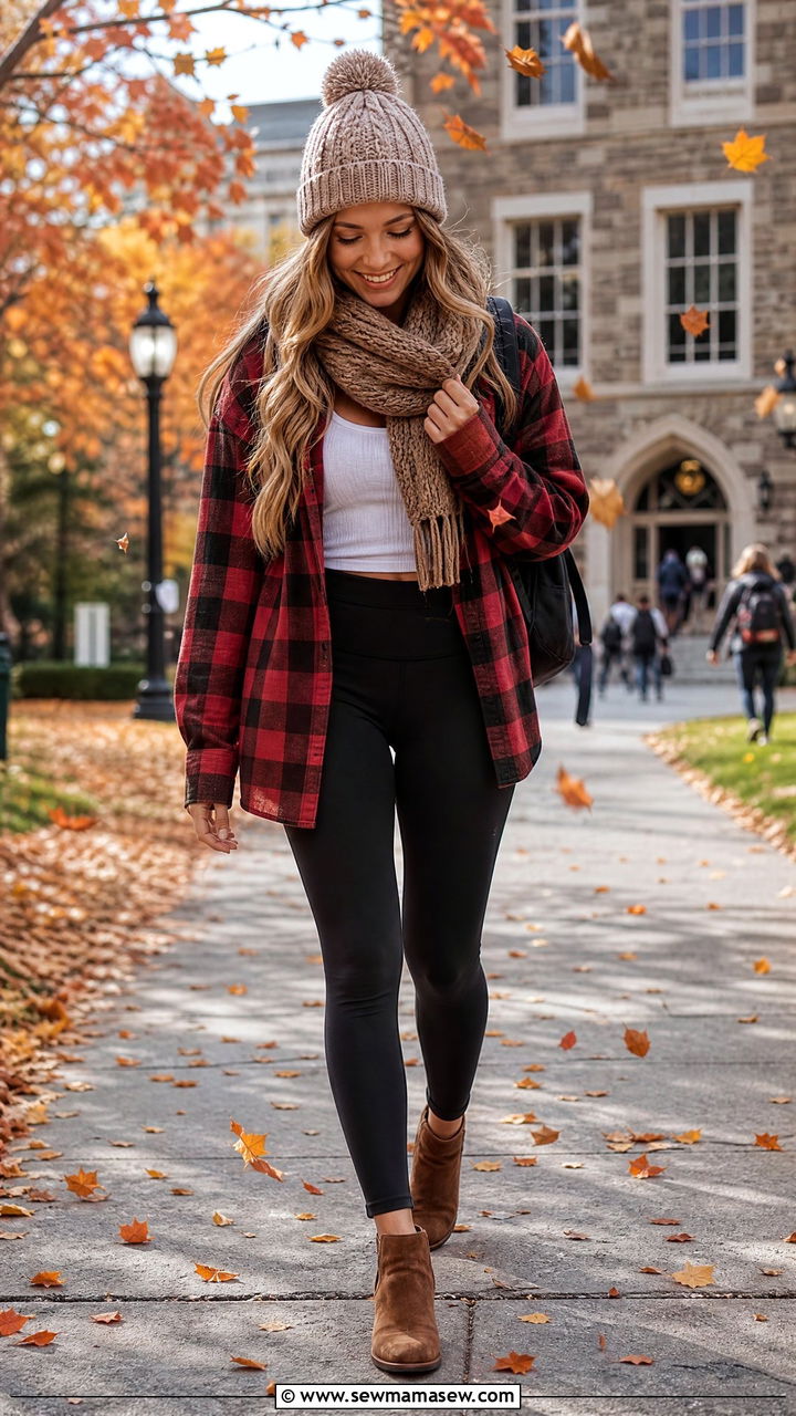 Flannel shirt with leggings outfit college fall - 30 Cute outfits for college girls