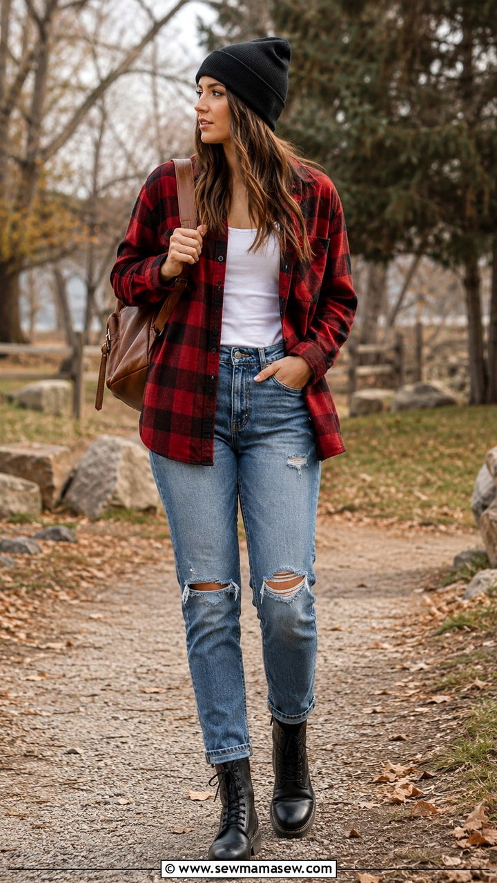 Flannel shirt with mom jeans and combat boots - 30 How to style mom jeans