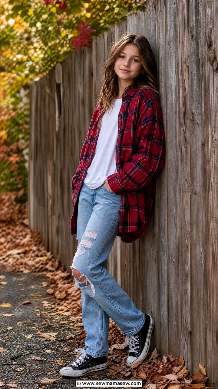 Flannel shirt with ripped jeans and canvas sneakers - 25 Tween outfit ideas for 12 year olds
