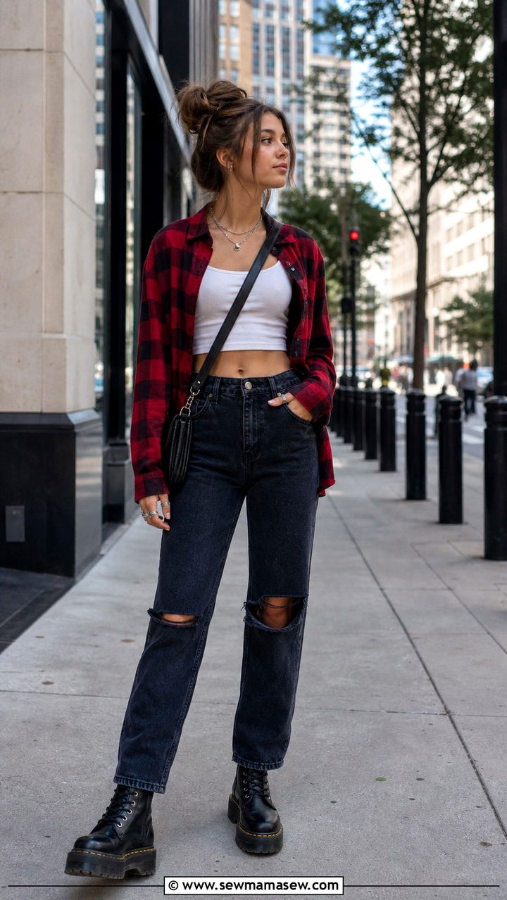 Flannel shirt with ripped jeans outfit - 40 school outfits