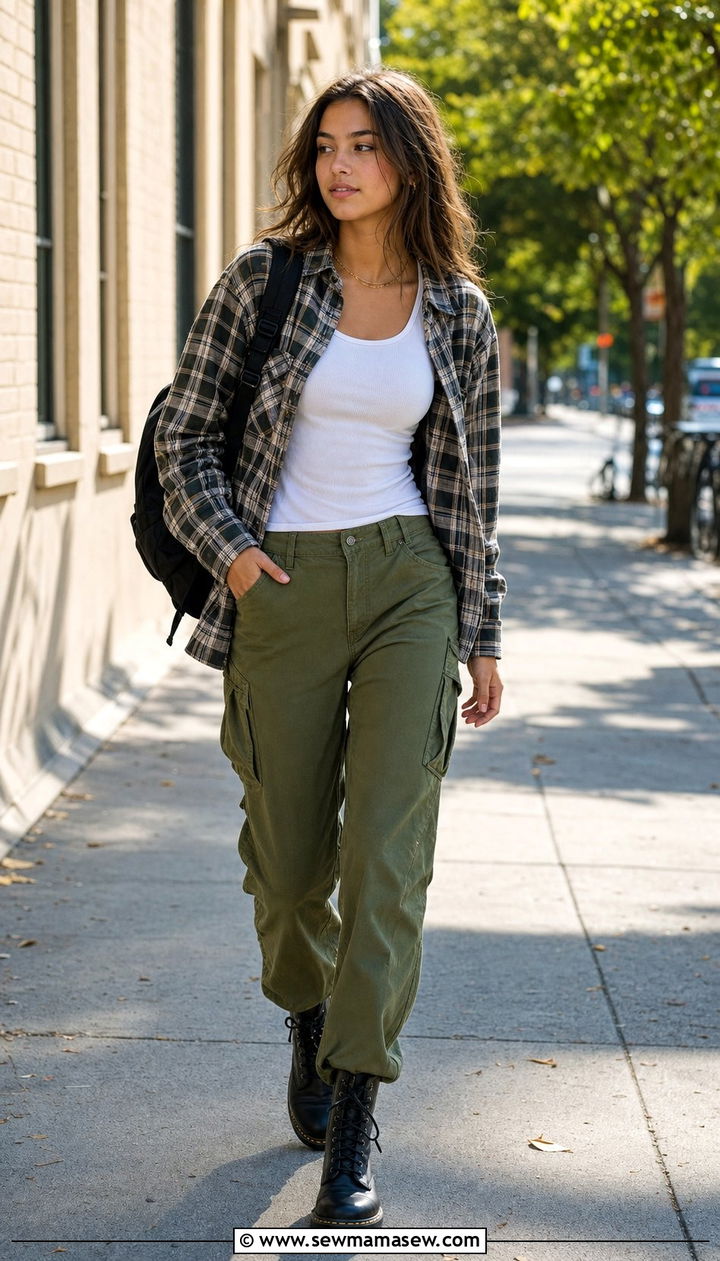 Flannel shirt with tank top and cargo pants outfit - 35 Back to school outfits for teens
