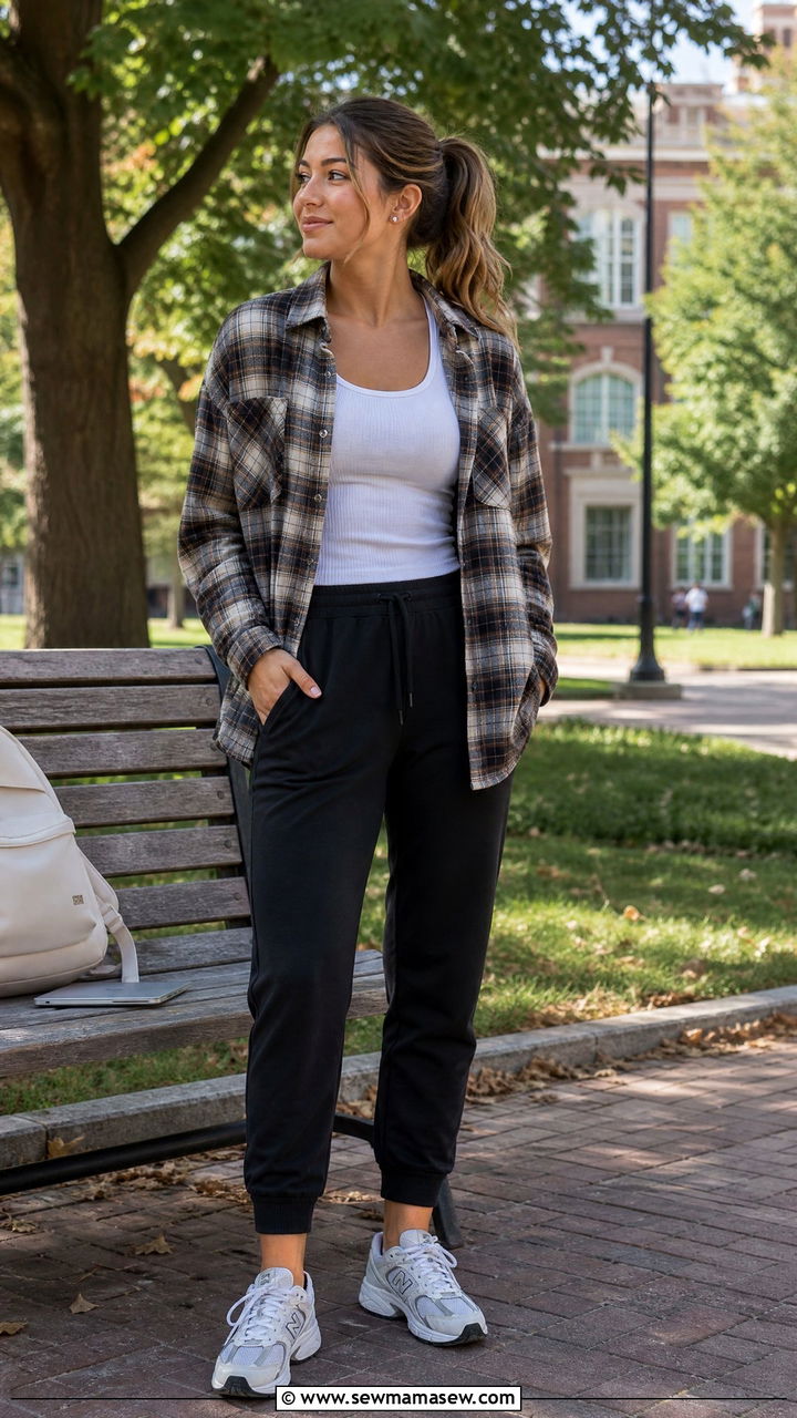 Flannel shirt with tank top and joggers - 30 College study session outfit ideas