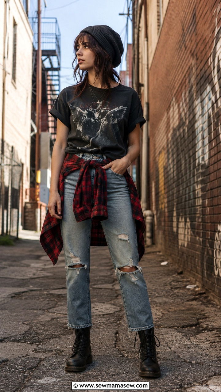 Flannel tied around the waist with graphic band tee and ripped jeans - 30 Chaotic academia outfit ideas