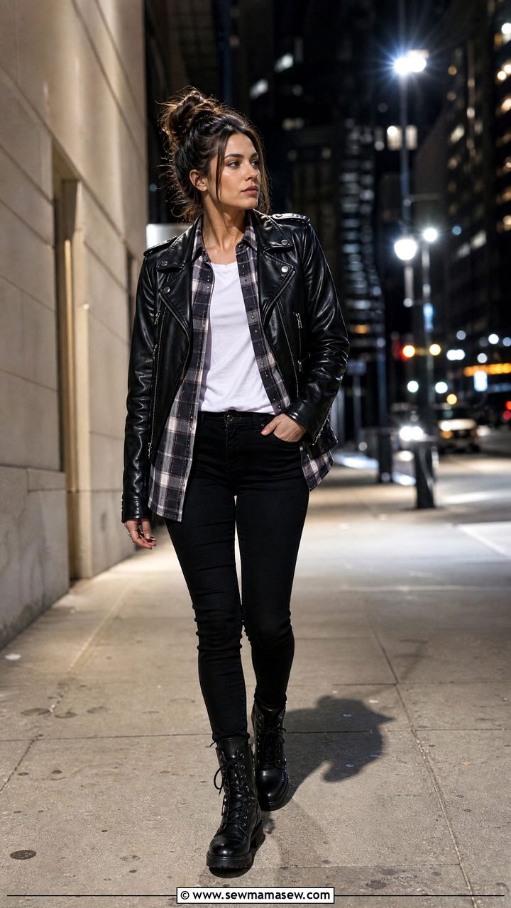 Flannel under a leather moto jacket with skinny jeans - 35 How to style a flannel shirt
