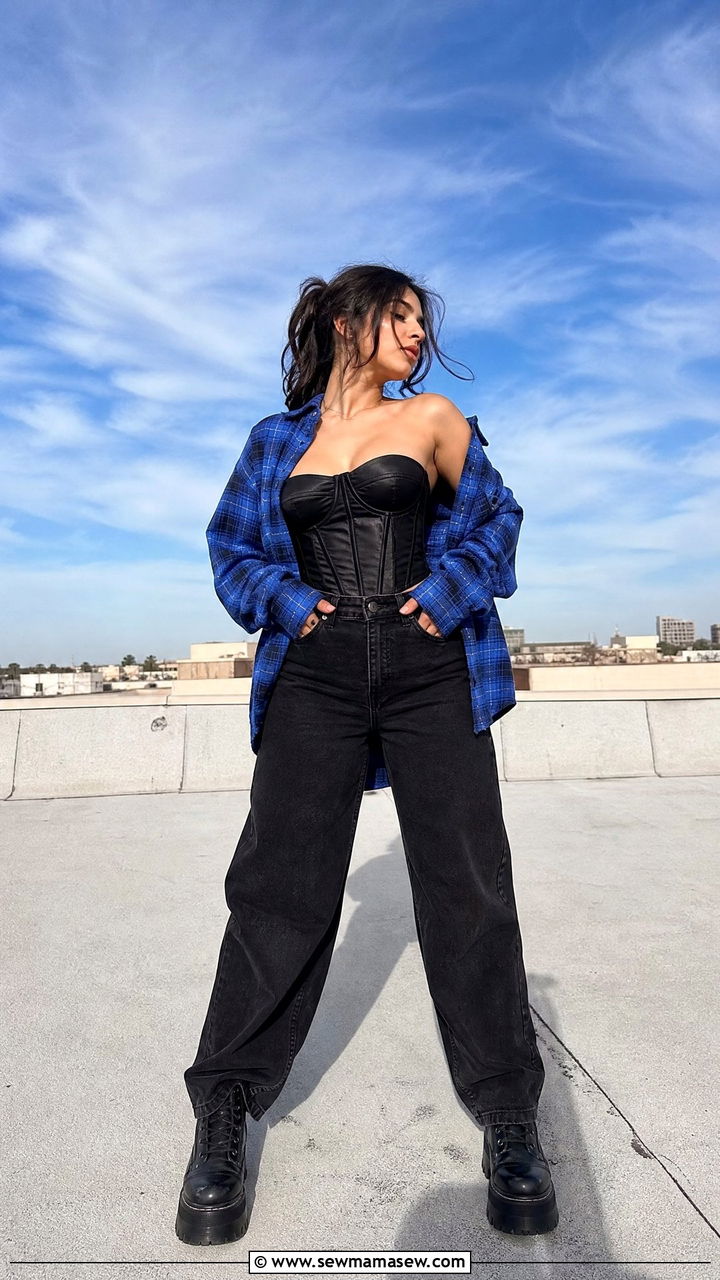 Flannel with a corset top and wide leg jeans - 35 How to style a flannel shirt