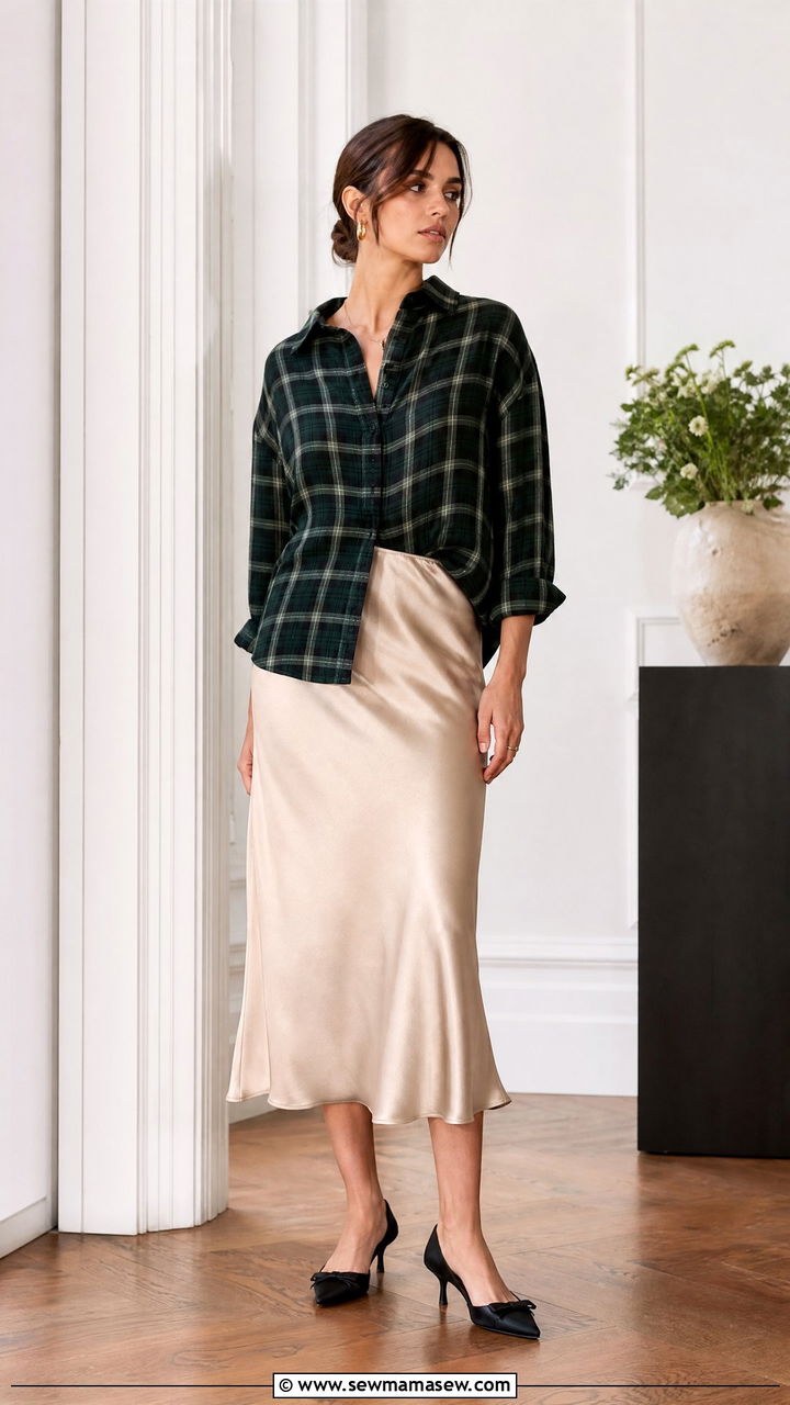 Flannel with a slip skirt and sleek accessories - 35 How to style a flannel shirt