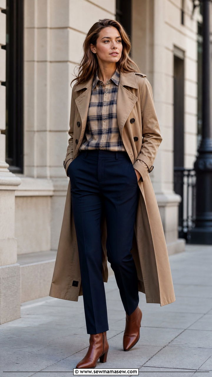 Flannel with a trench coat and tailored trousers - 35 How to style a flannel shirt