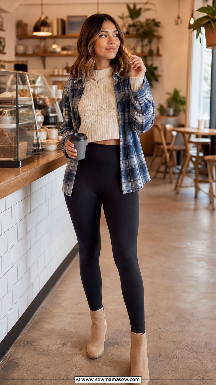 Flannel with leggings and a cropped sweater - 35 How to style a flannel shirt