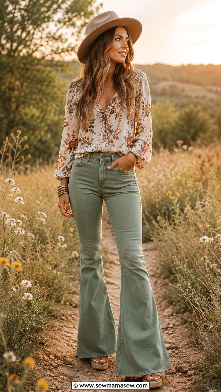 Flare Green Jeans With Boho Top Outfit - 30 Green jeans outfit ideas