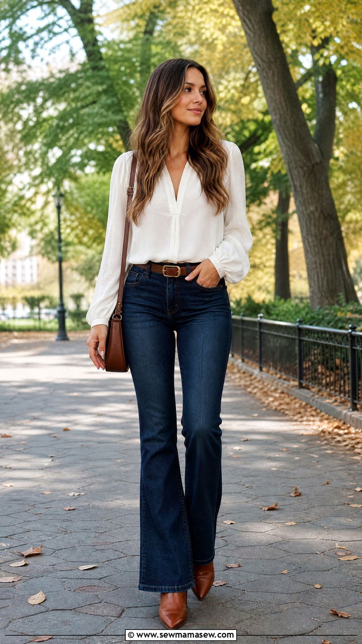 Flare Jeans With Brown Pointy Ankle Boots and a White Blouse - 30 Flare jeans outfit ideas with heels