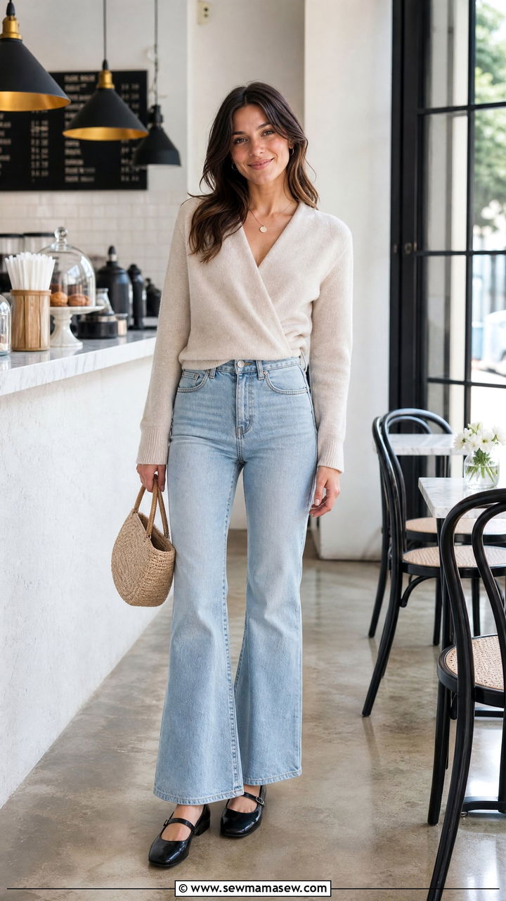 Flare Jeans With Cardigan And Mary Janes - 30 Flare jeans outfit ideas with flats