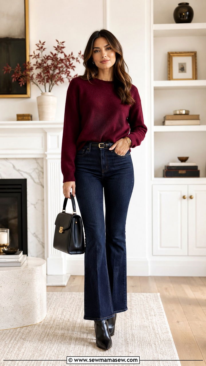 Flare Jeans With Cashmere Sweater and Knee High Boots - 25 Petite outfit ideas with flare jeans