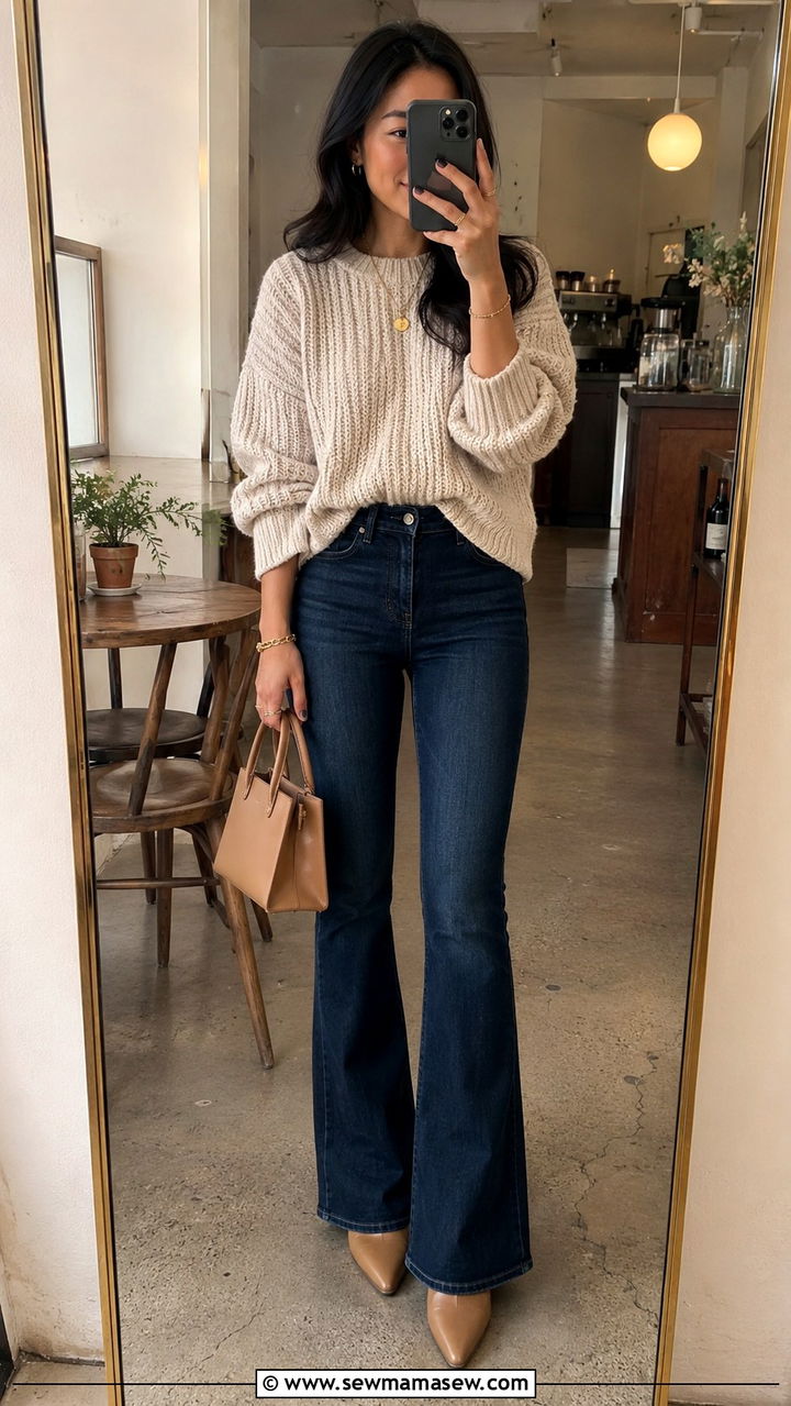 Flare Jeans With Chunky Knit Sweater and Ankle Boots - 25 Petite outfit ideas with flare jeans
