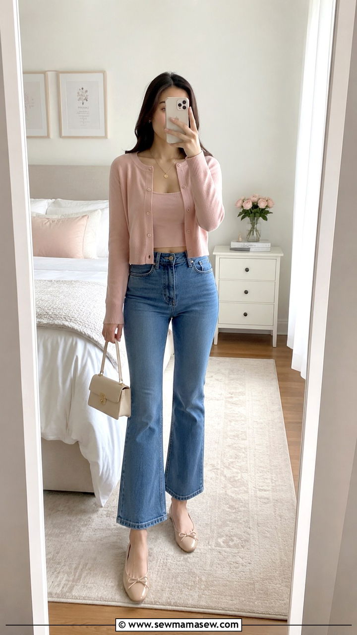 Flare Jeans With Cropped Cardigan and Ballet Flats - 25 Petite outfit ideas with flare jeans