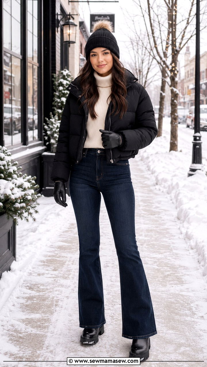 Flare Jeans With Cropped Puffer Jacket and Winter Boots - 25 Petite outfit ideas with flare jeans