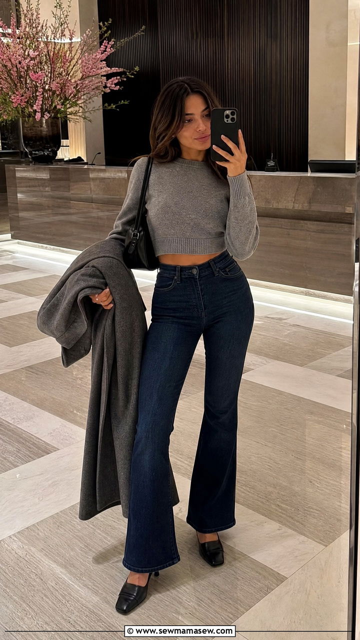 Flare Jeans With Cropped Sweater And Mules - 30 Flare jeans outfit ideas with flats