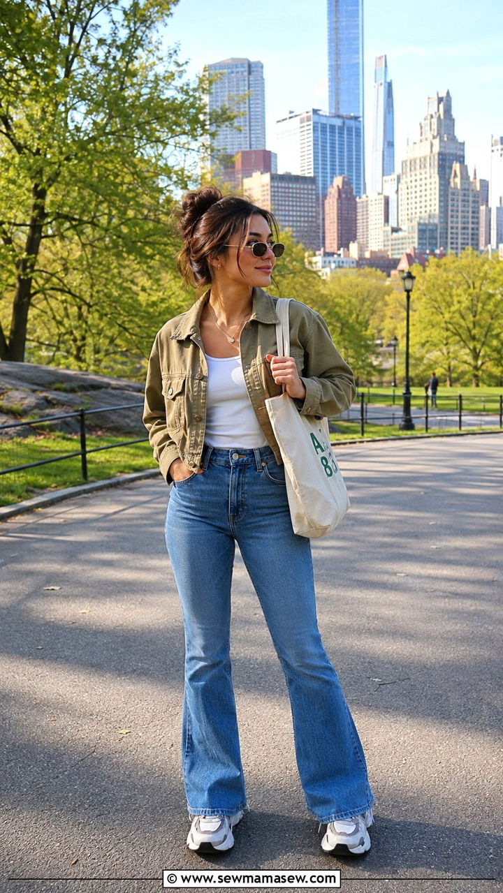Flare Jeans With Cropped Utility Jacket and Casual Sneakers - 25 Petite outfit ideas with flare jeans