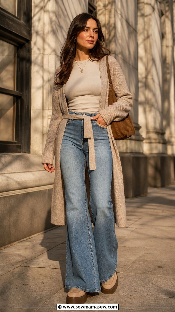Flare Jeans With Fitted Tee And Belted Cardigan - 40 spring jeans outfit ideas