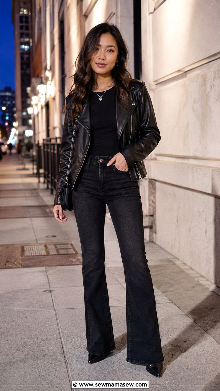 Flare Jeans With Leather Moto Jacket and Ankle Boots - 25 Petite outfit ideas with flare jeans