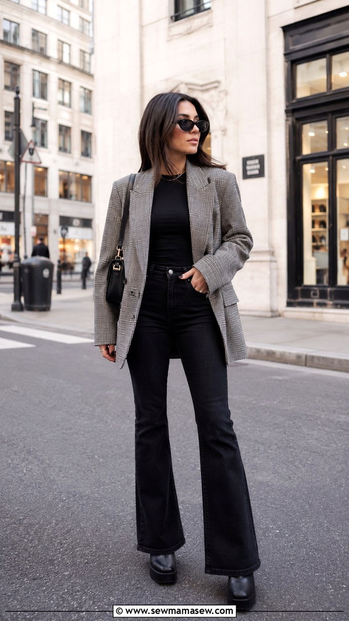 Flare Jeans With Oversized Blazer and Platform Boots - 25 Petite outfit ideas with flare jeans