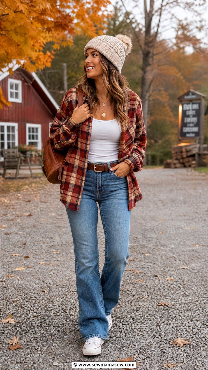 Flare Jeans With Plaid Shirt And Sneakers - 30 Flare jeans outfit ideas with flats
