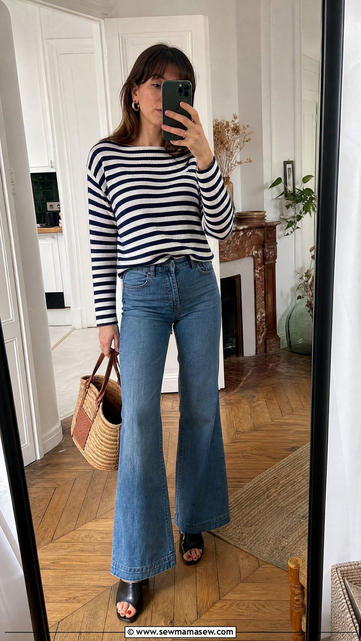 Flare Jeans With Striped Top And Mules - 30 Flare jeans outfit ideas with flats
