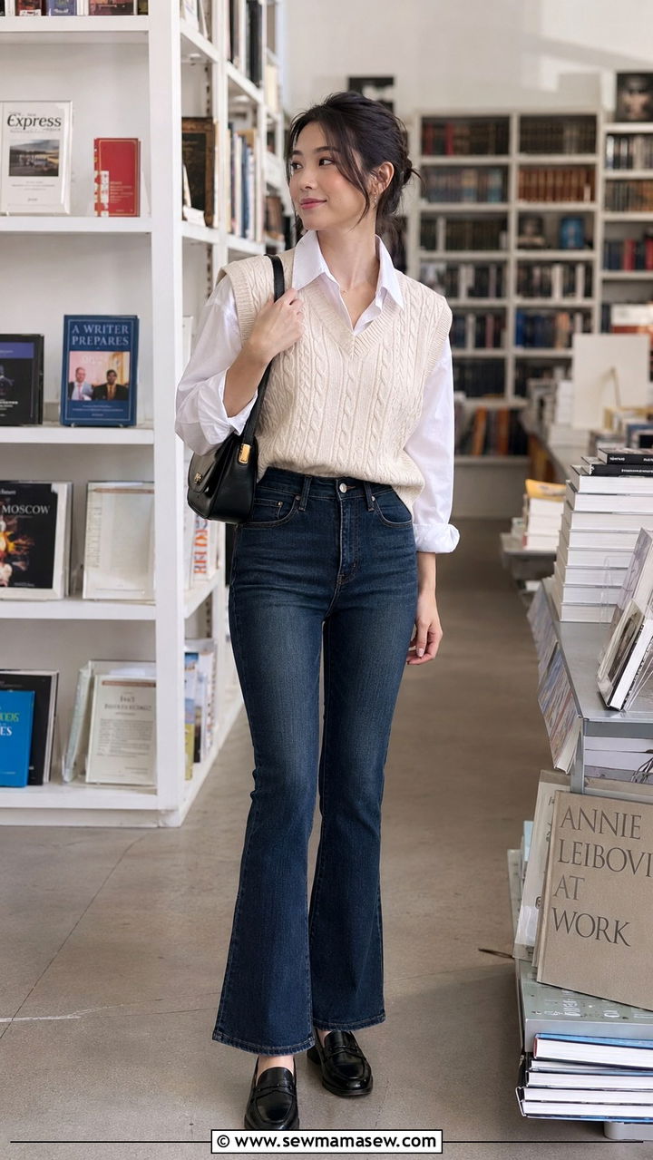 Flare Jeans With Sweater Vest and Loafers - 25 Petite outfit ideas with flare jeans