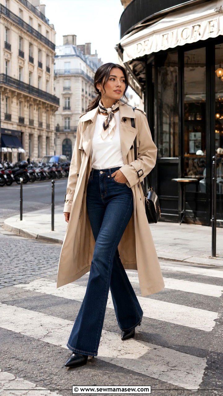 Flare Jeans With Trench Coat and Pointed Toe Boots - 25 Petite outfit ideas with flare jeans