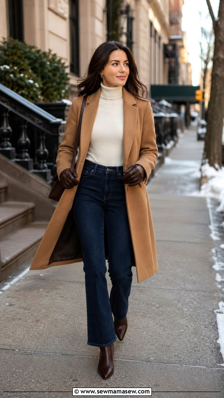 Flare Jeans With Turtleneck and Long Wool Coat - 25 Petite outfit ideas with flare jeans