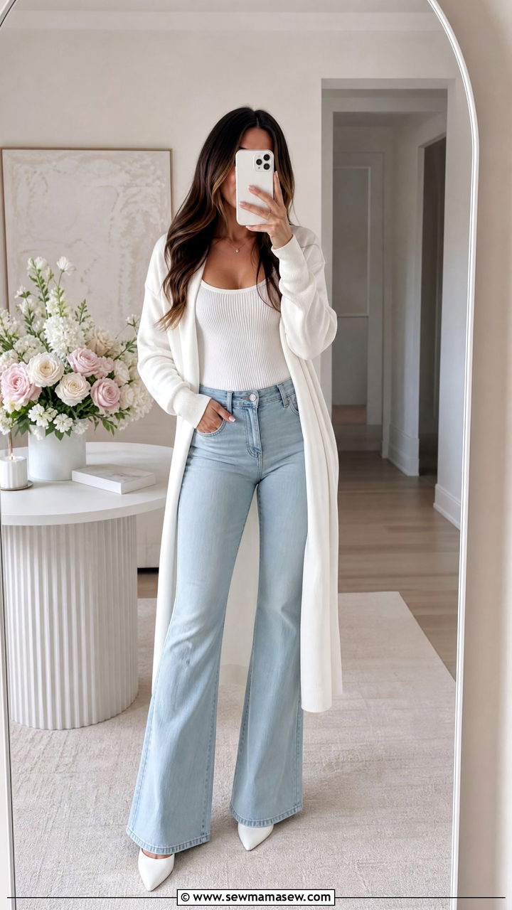 Flare Jeans With White Pointy Heels and a Long White Cardigan - 30 Flare jeans outfit ideas with heels