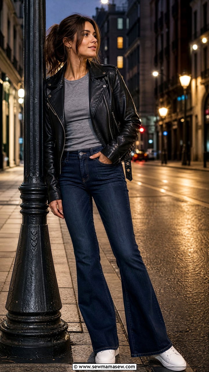 Flare Jeans With White Sneakers And Leather Jacket - 25 Flare jeans outfit ideas with white sneakers