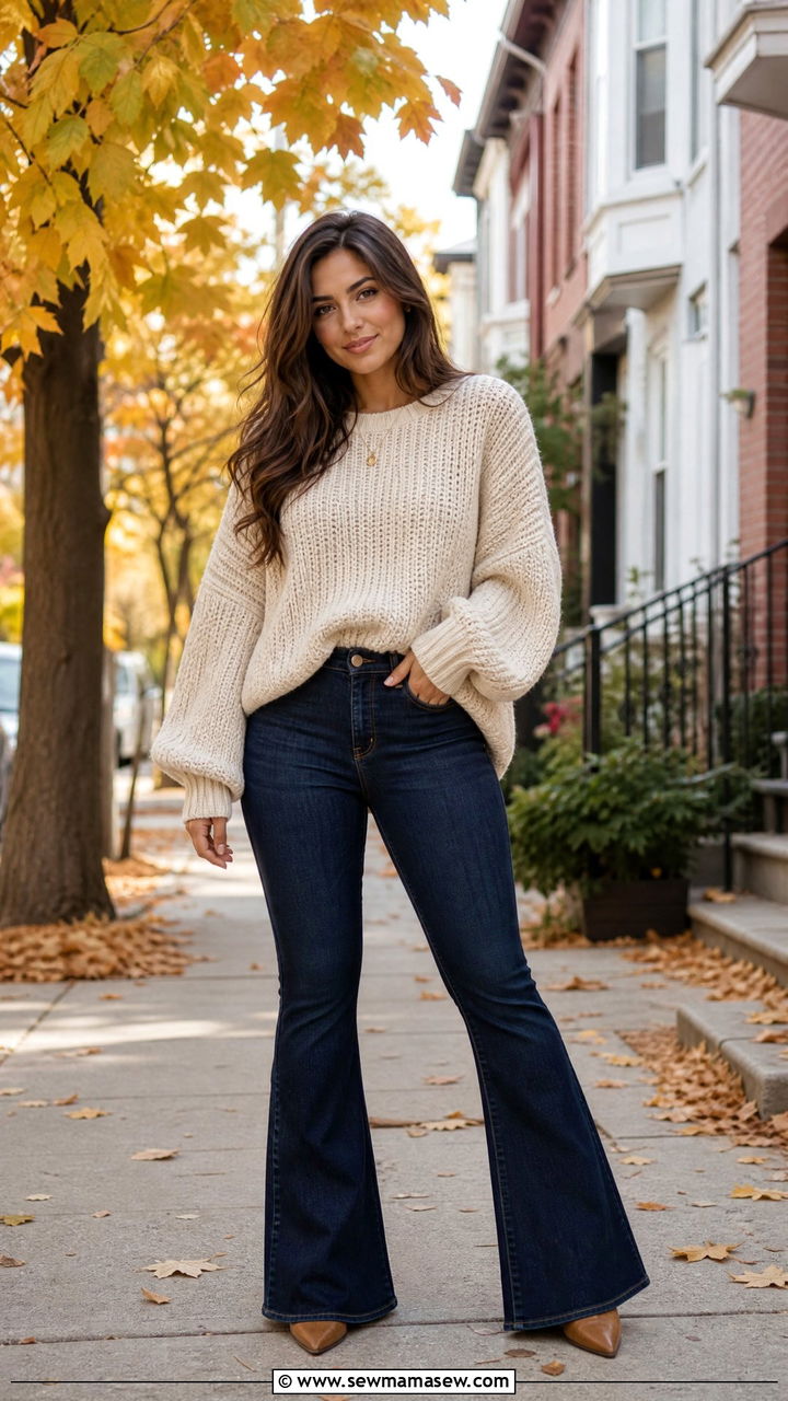 Flare Jeans with Chunky Knit Sweater for Wide Hips - 25 casual outfits for women with wide hips
