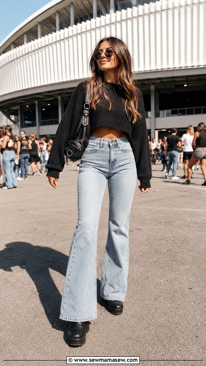 Flare Jeans with Cropped Sweater and Platform Boots - 25 Arena concert outfit ideas