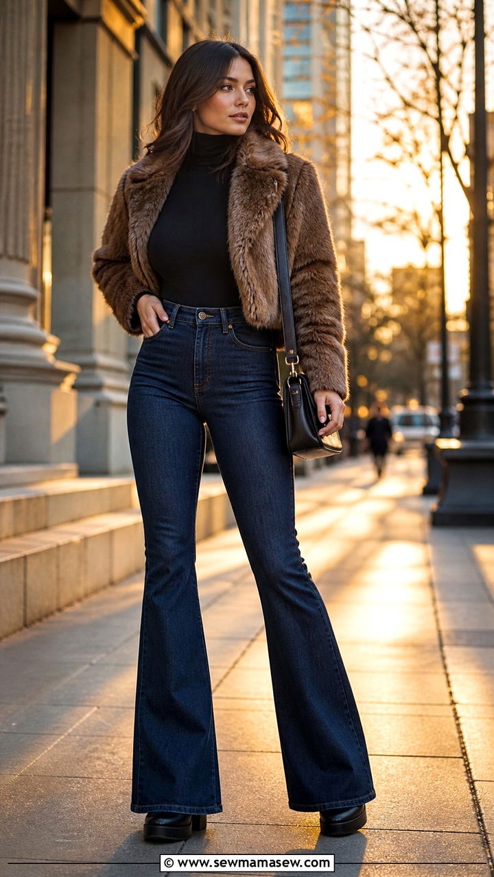 Flare Jeans with Fitted Turtleneck and Platform Booties - 40 cute jeans outfits