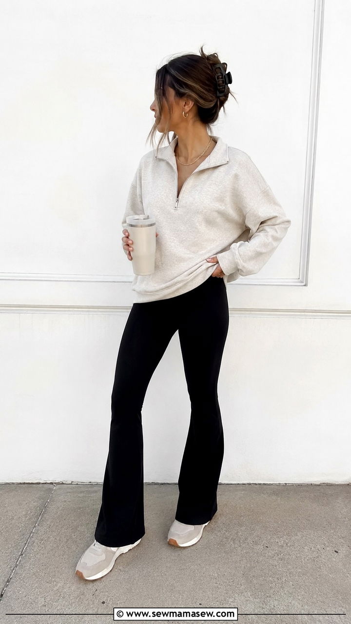 Flare Leggings Half Zip Pullover And Neutral Sneakers - 25 Athleisure outfit ideas school run