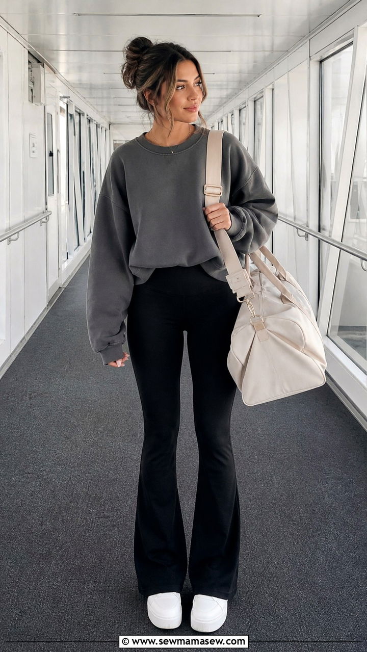 Flare Leggings With Crewneck Sweatshirt - 40 summer airport outfit ideas