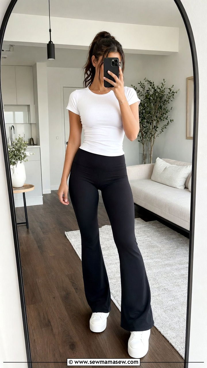 Flare Leggings With Fitted White T Shirt and Sneakers - 35 athleisure outfit ideas for women