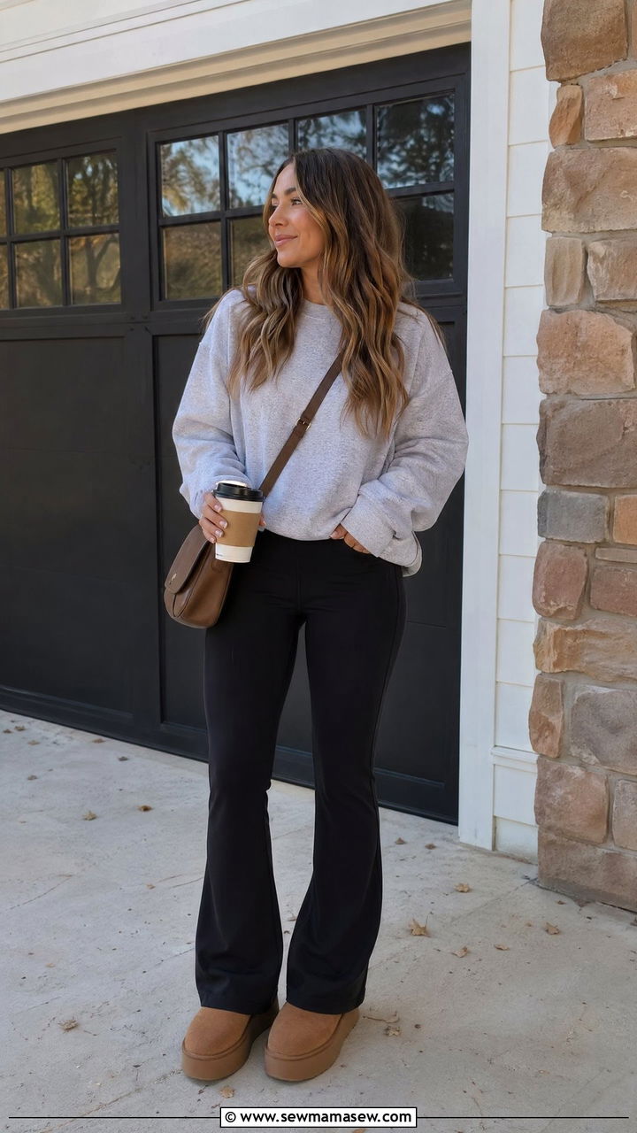 Flare Leggings and Crewneck Sweatshirt with Platform Uggs - 35 errands outfits for women
