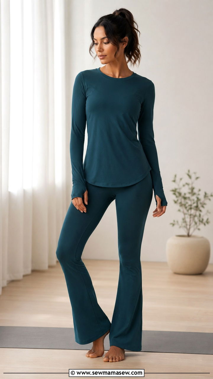 Flare Leggings and Hip Length Tunic Modest Yoga Outfit - 25 Yoga outfit ideas modest