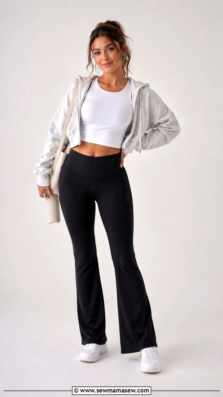 Flare Yoga Pants with Fitted Crop Top and Sneakers - 30 casual athleisure outfits